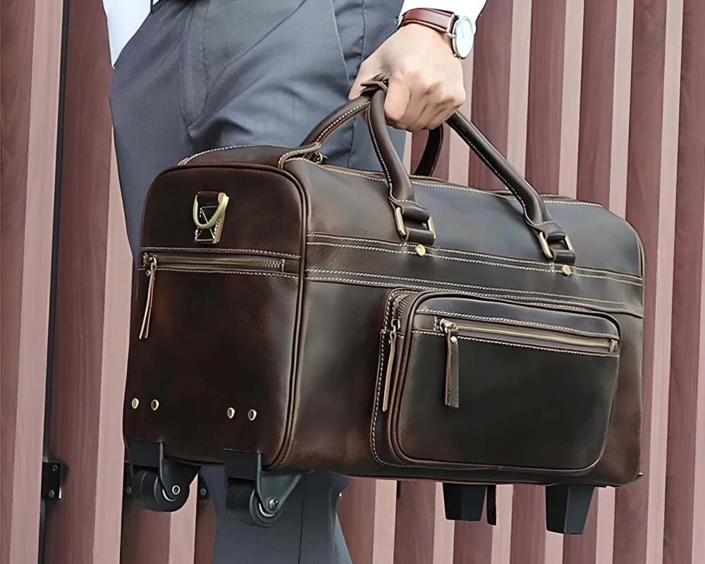 leather luggage with wheels
